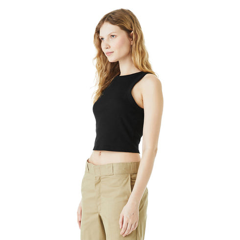 Women's Micro Rib Racer Tank Solid Black Blend side Model